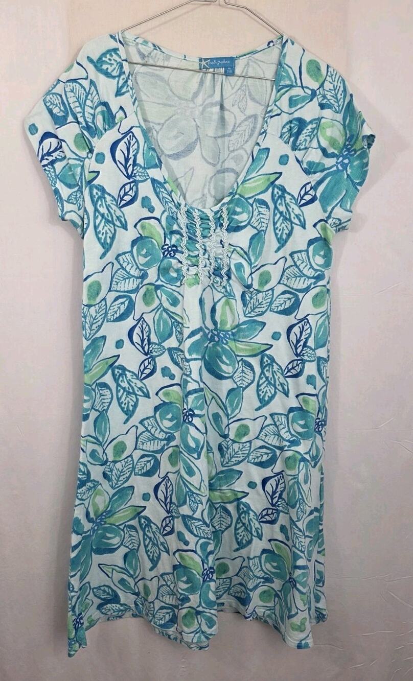 Fresh Produce Dress XL Tropical Blue Floral Pockets Short Sleeve Cotton USA